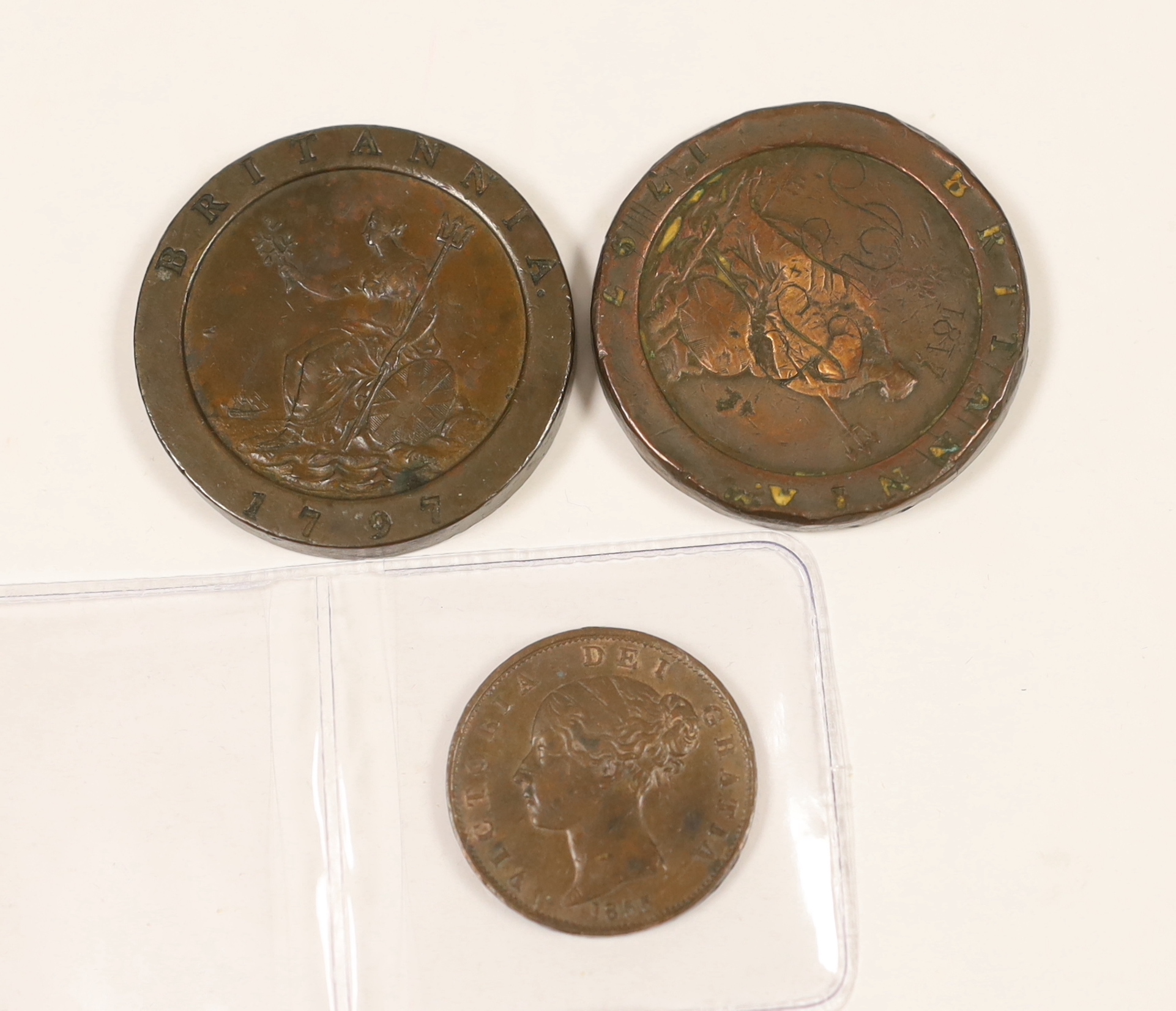 British coins, A George III cartwheel twopence, about VF, another in poor condition and and Victoria halfpenny, 1855, edge nicks otherwise VF
